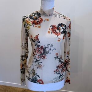 Lee Cooper Fairy Grunge Mesh Mockneck Floral Top size Medium Y2K Bohemian Sheer